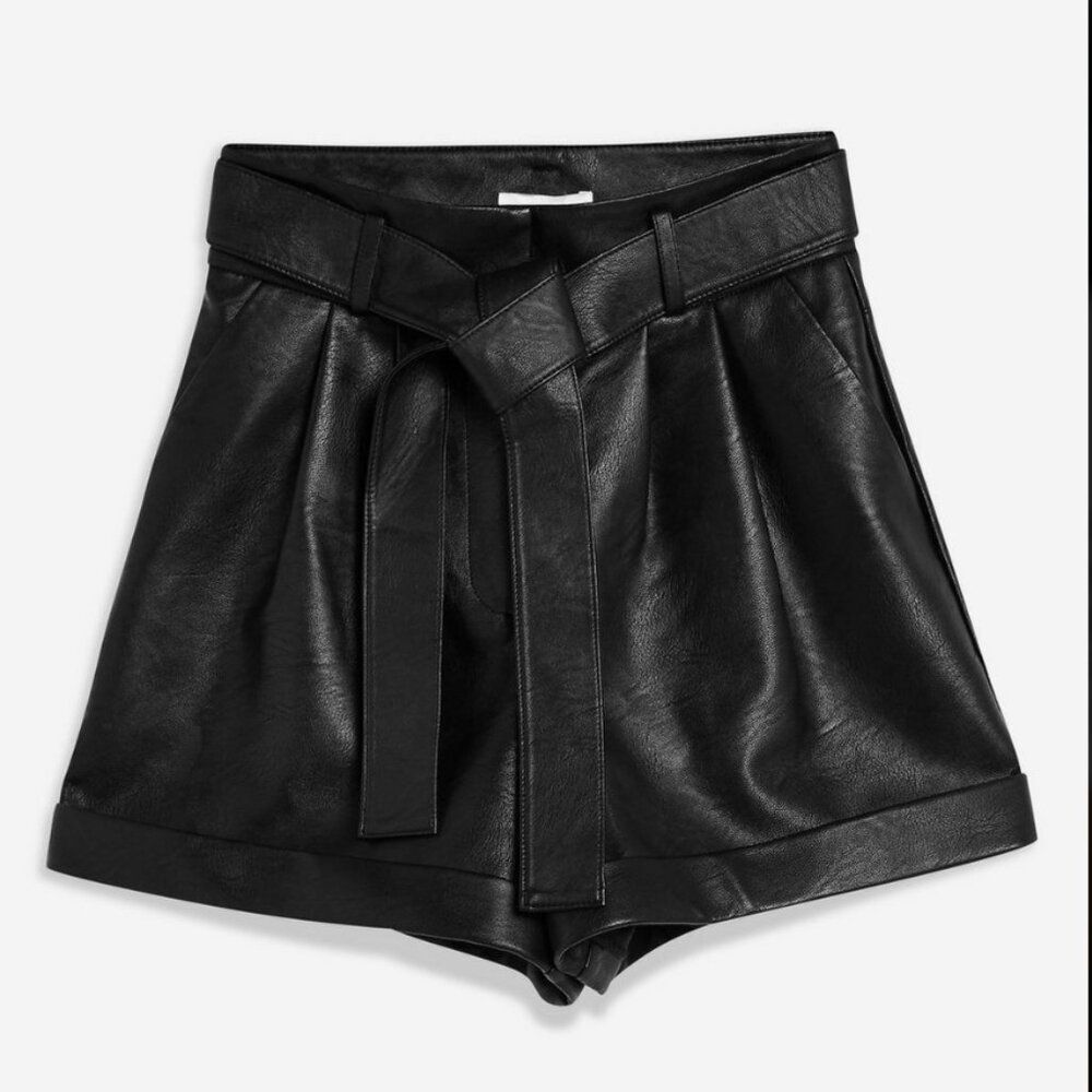 Topshop tie waist faux leather‎ shorts size US 4